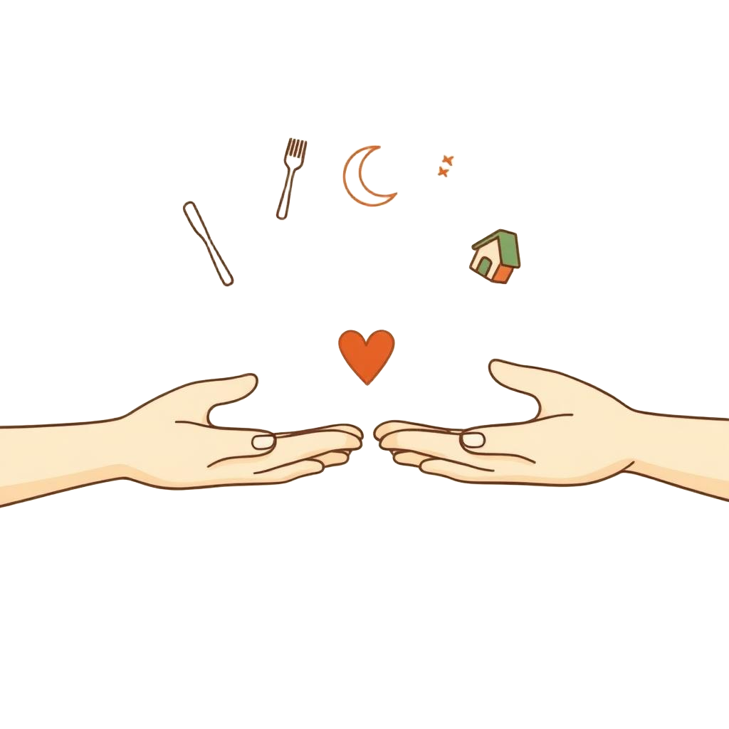 Two hands gently passing a heart, surrounded by small icons of meals, rest and home