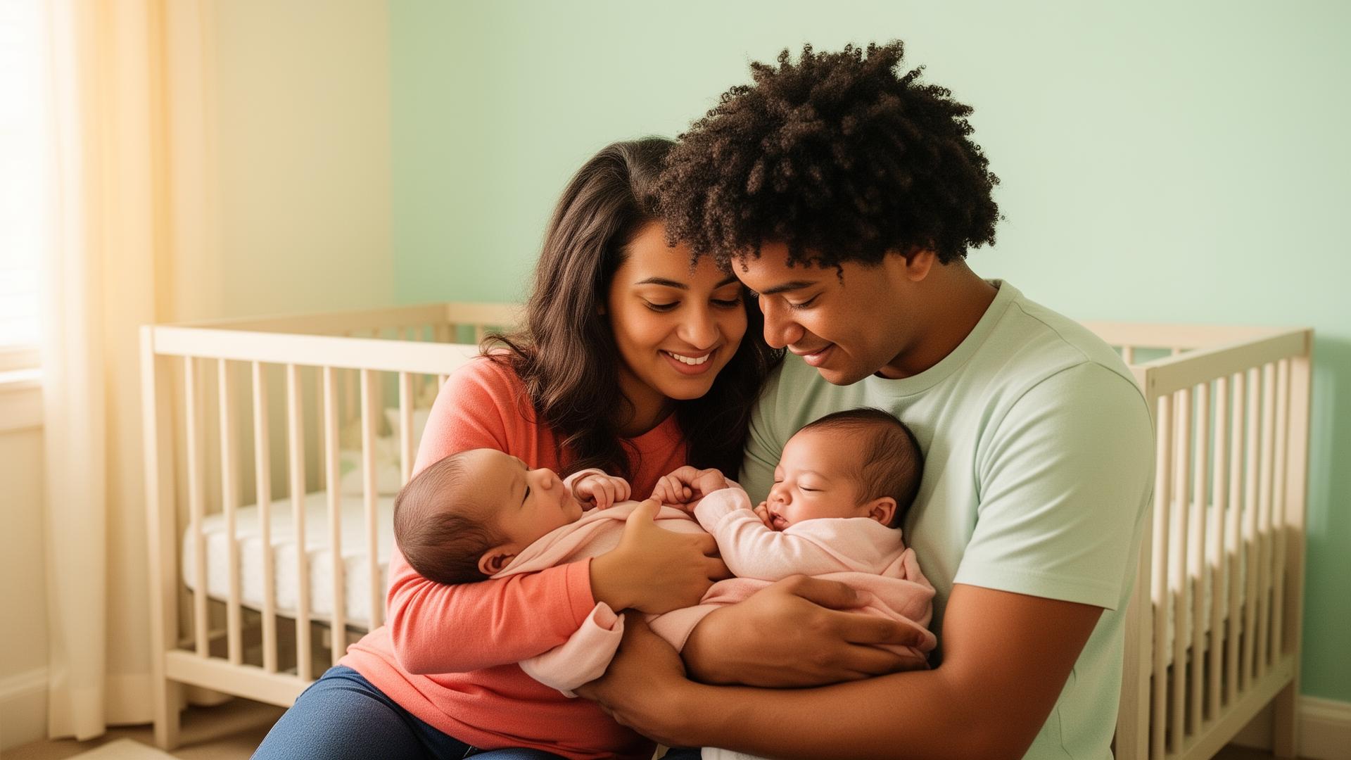 New parents holding their newborn baby in a sunlit nursery